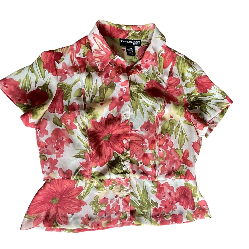 Norton McNaughton Floral Blouse Womens 12P Red Pink Short Sleeve Peplum Vintage